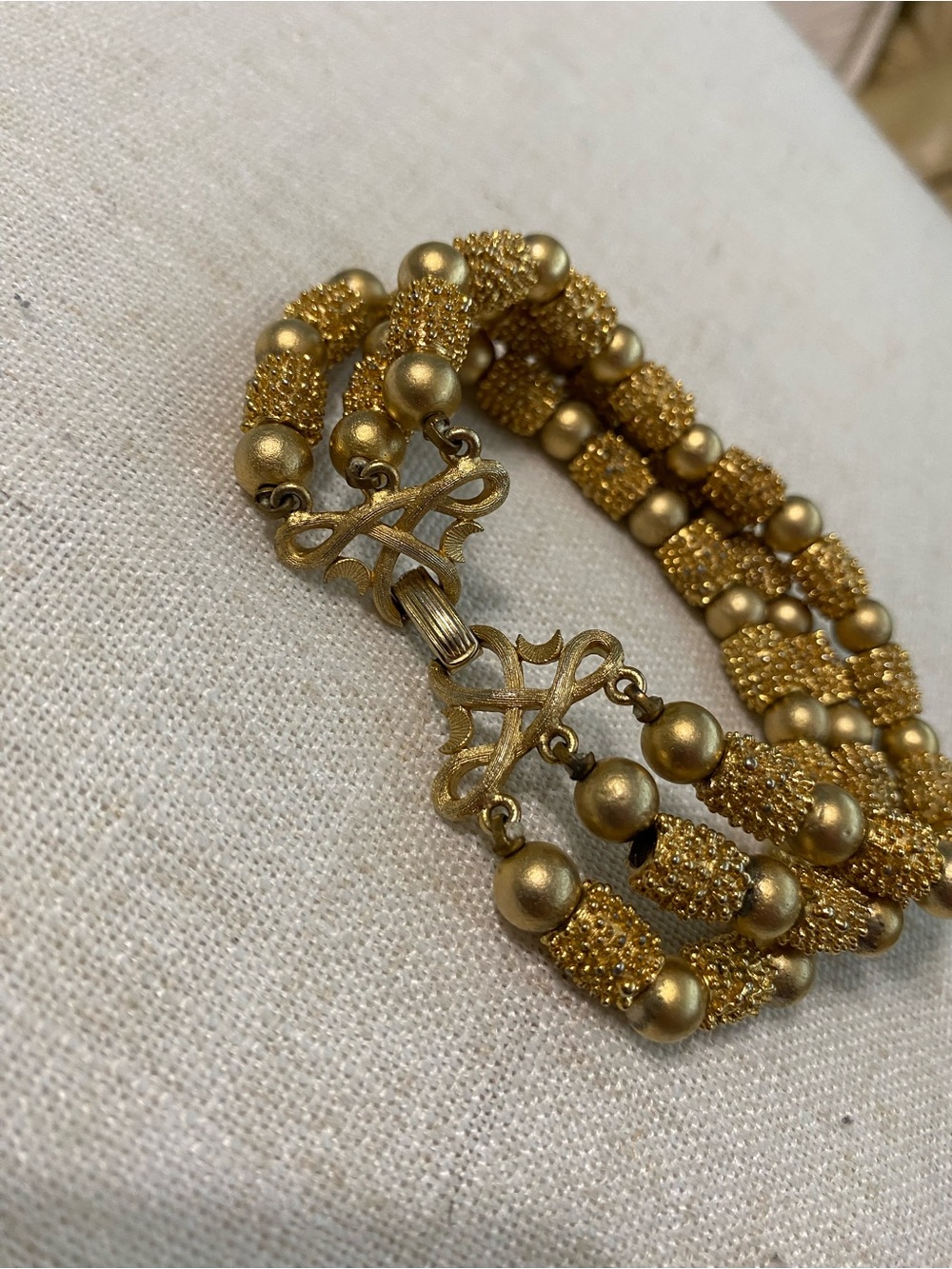 Crown Trifari 3 Strand Bracelet Beaded Gold Tone Wide Statement Vintage